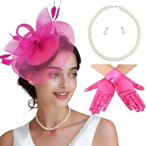 Fascinator Hat Set Women Pearl Jewelry Gloves Tea Party Accessories